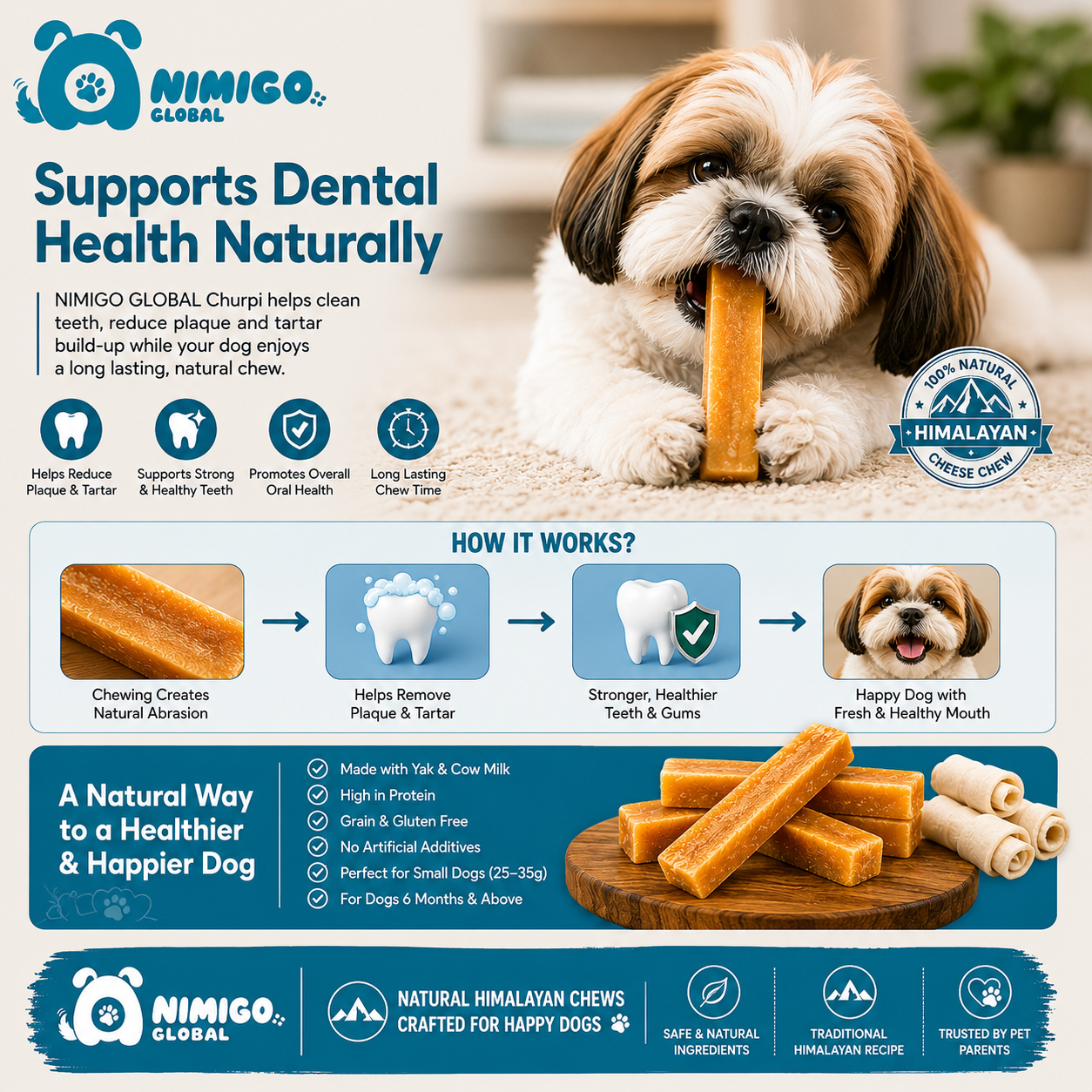 Animigo Global Yak Churpi Cheese Dog Chew – Small | Pack of 8 | 8.5 oz | Natural Long-Lasting Dog Chew