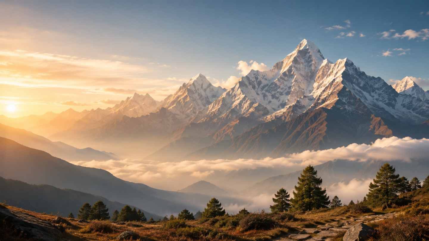 Sunrise over snow-capped mountains with trees in the foreground